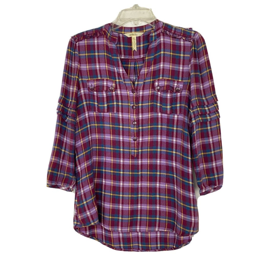 Matilda Jane Plaid Tunic Womens XS Purple Ruffle Sleeve Rayon Pullover Blouse